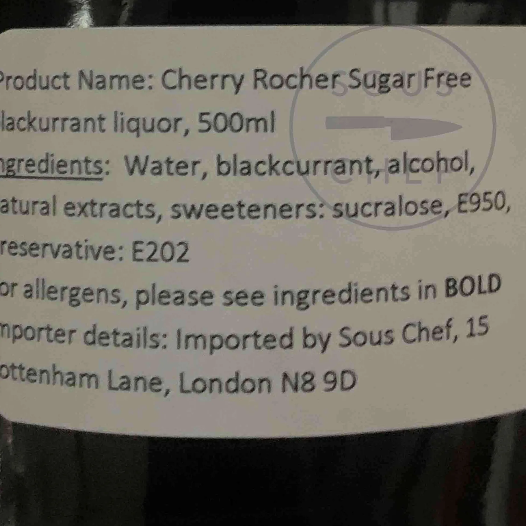 Cherry Rocher Sugar Free Blackcurrant Liqueur, 500ml