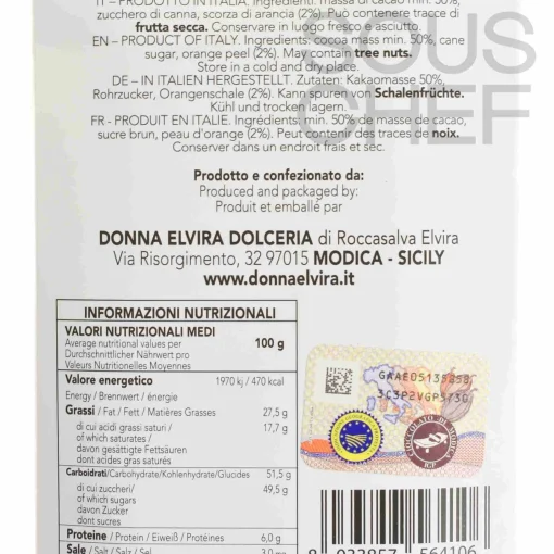 Donna Elvira Orange PGI Modican Chocolate Bar, 70g