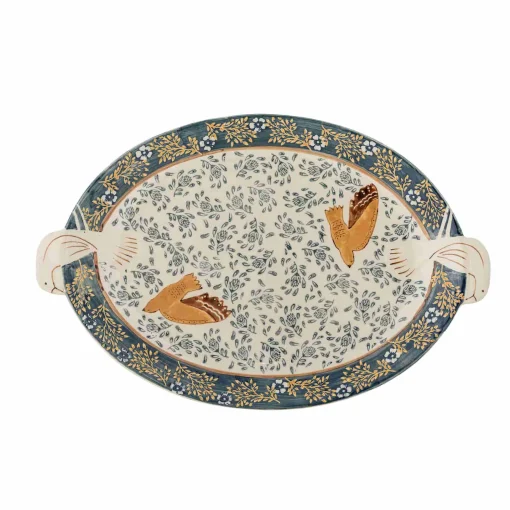 Hezha Blue Stoneware Serving Platter, 34x25cm