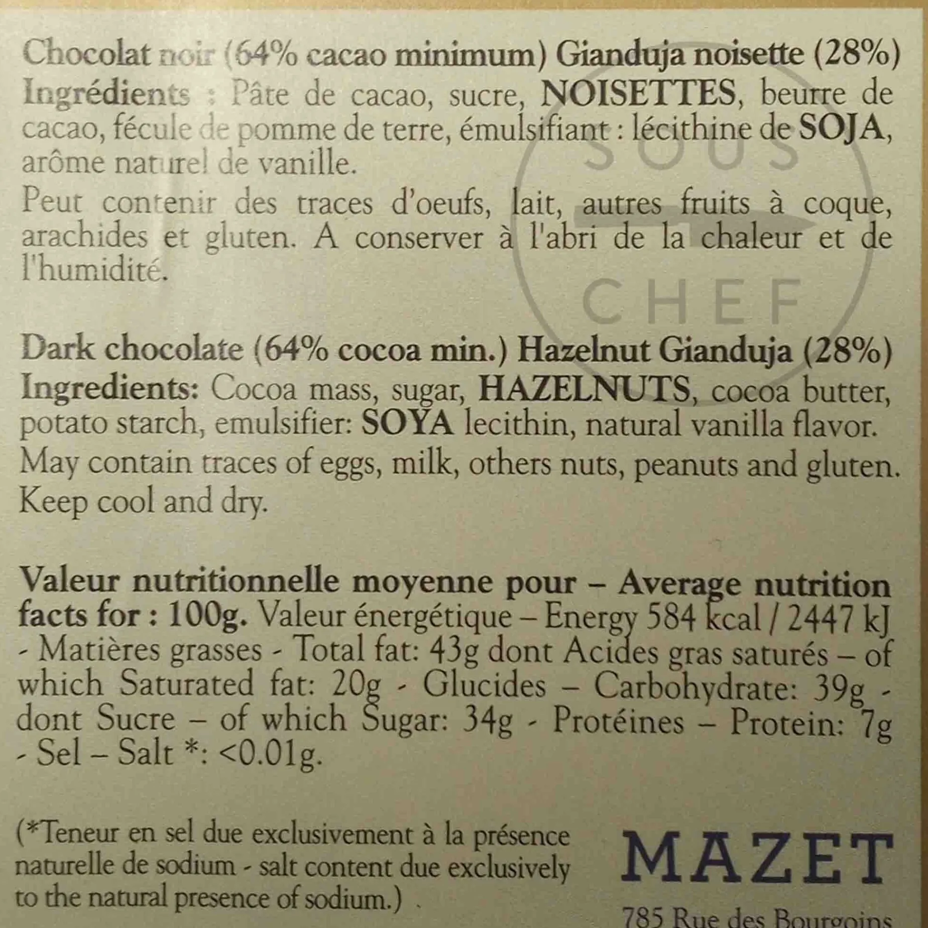 Mazet Gianduja Dark Chocolate Bar, 100g