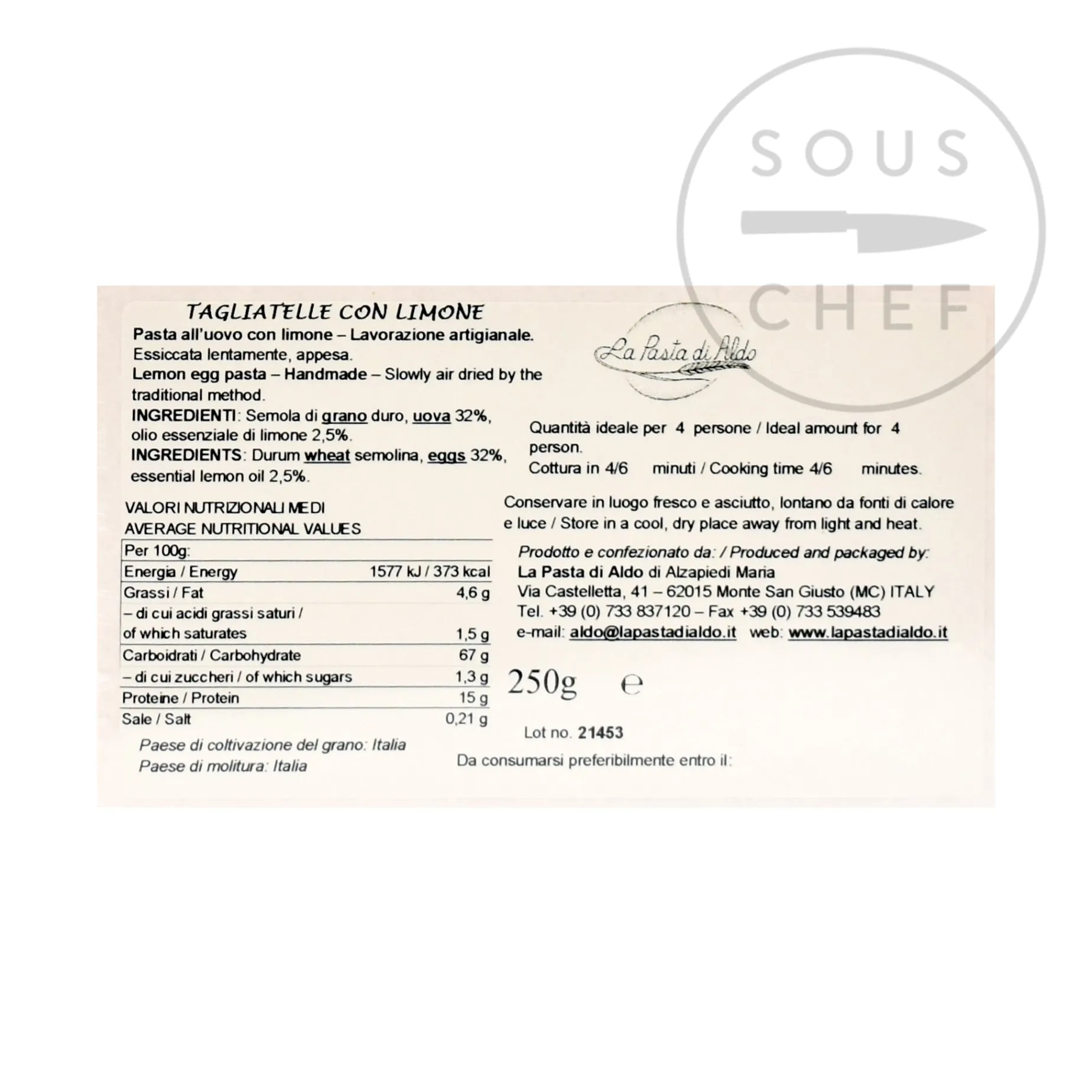 Pasta Di Aldo Tagliatelle Egg Pasta with Lemon, 250g